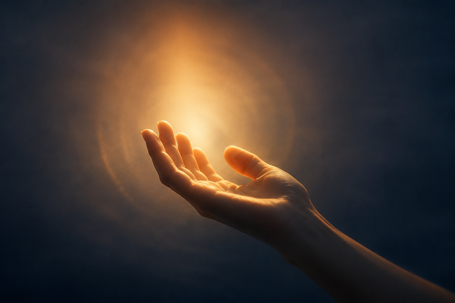 A hand reaching toward warm light